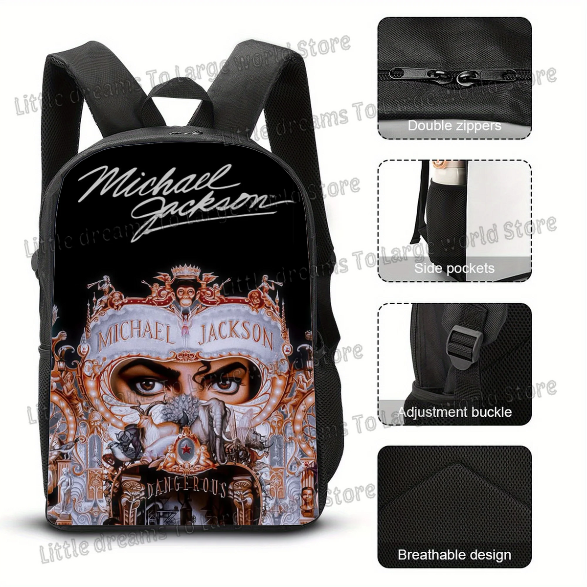 Black backpack featuring a graphic of Michael Jackson's face and the text Dangerous