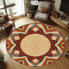 Round ethnic geometric non-slip area rug with warm earth tones and intricate patterns