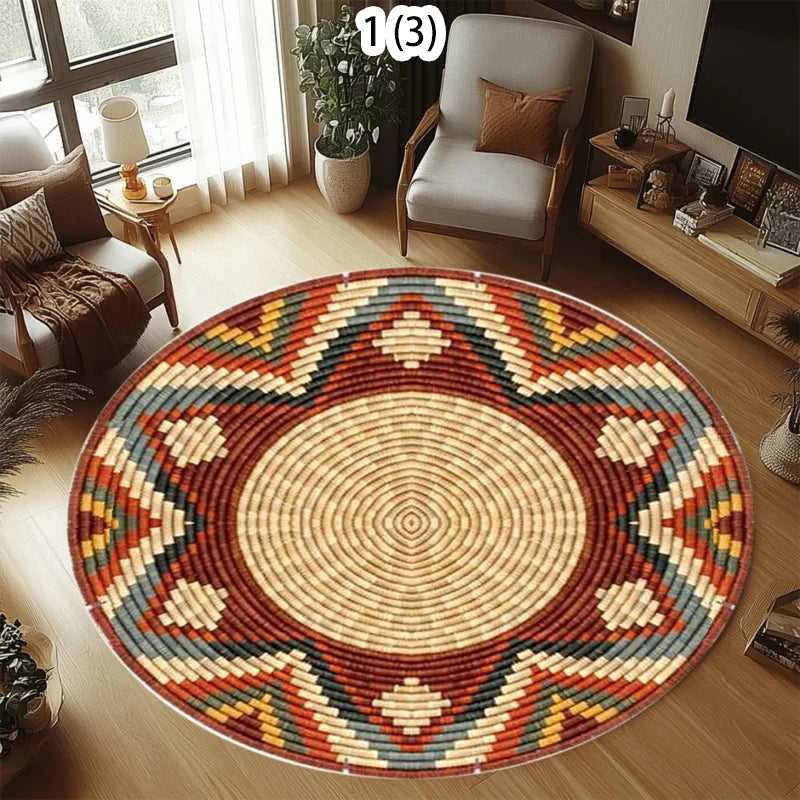 Round ethnic geometric non-slip area rug with warm earth tones and intricate patterns