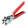 A pair of red precision rotating leather punch set pliers with silver handles.