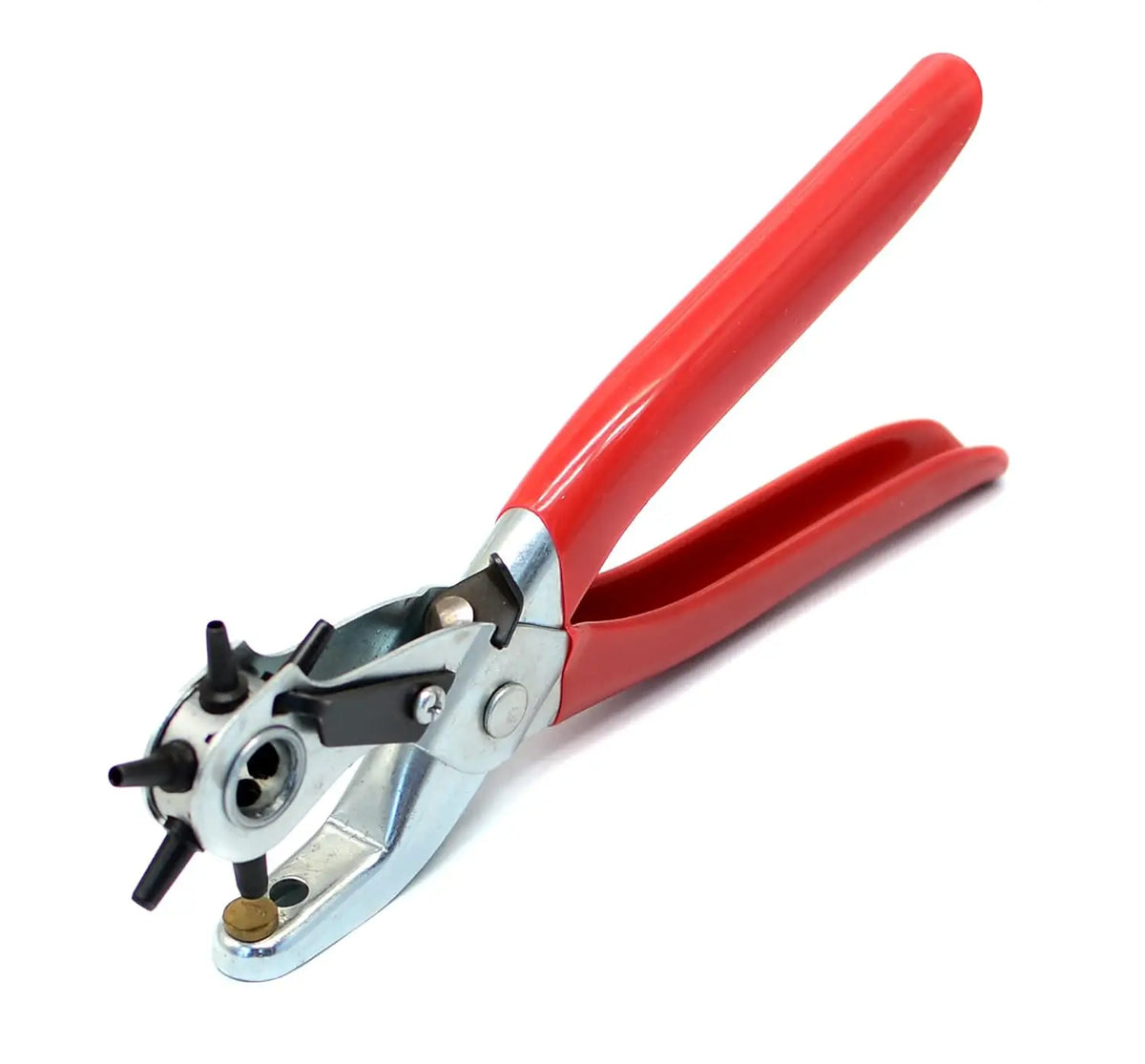 A pair of red precision rotating leather punch set pliers with silver handles.
