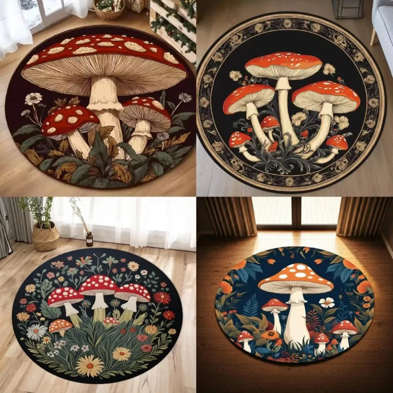 Round carpet featuring a detailed, dark floral and mushroom pattern in earthy tones.