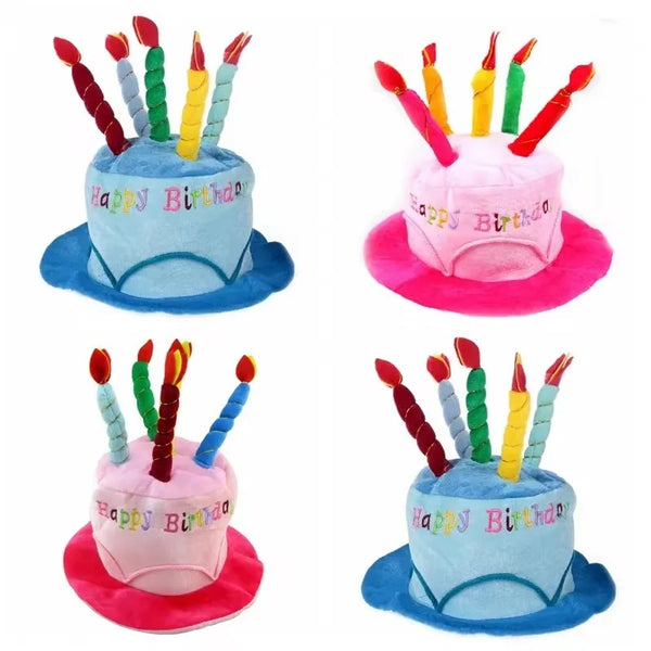 A set of colorful birthday candle hats and party decor items for celebration