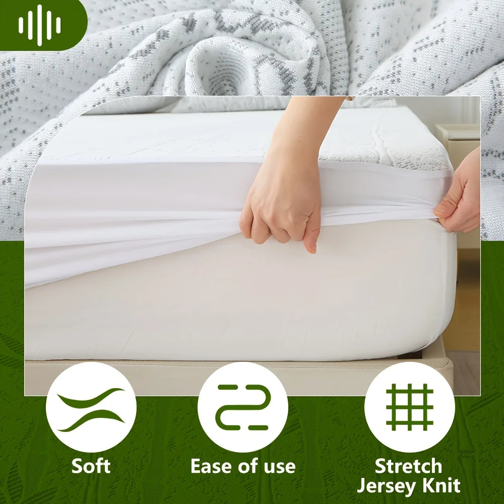 A white fitted sheet is shown being placed on a mattress protector, highlighting its soft texture, ease of use, and stretch j