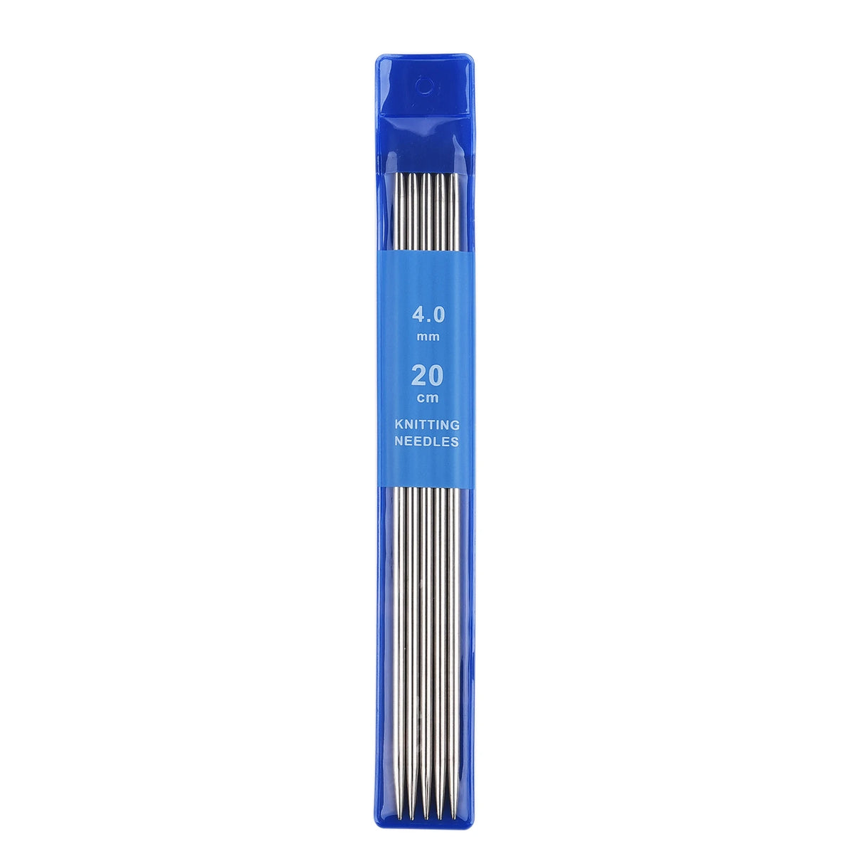 A blue container holding a set of 4.0 mm stainless steel knitting needles, 20 cm long.