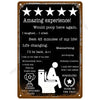 A vintage metal wall art sign featuring humorous text about an amazing experience and a toilet.