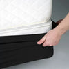 A hand is adjusting a black box spring protector cover over a white mattress.