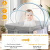 A baby is sleeping in a gray bassinet covered by a fine mosquito-proof hexagonal weaving net.
