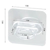 A clear plastic adjustable curtain rod with various sized openings and measurements shown on a white background.