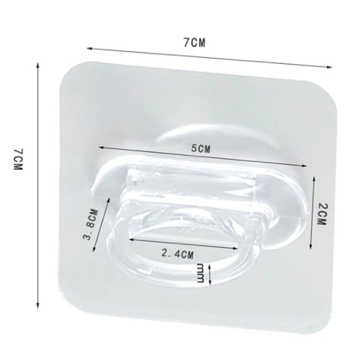 A clear plastic adjustable curtain rod with various sized openings and measurements shown on a white background.