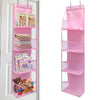 Pink foldable over-the-door storage organizer with multiple clear compartments for organizing items