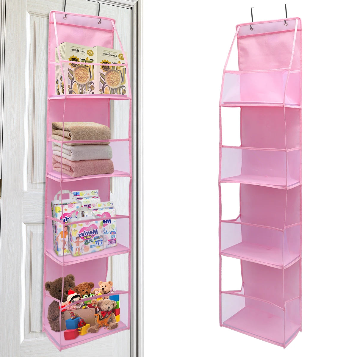 Pink foldable over-the-door storage organizer with multiple clear compartments for organizing items