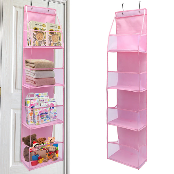 Pink foldable over-the-door storage organizer with multiple clear compartments for organizing items