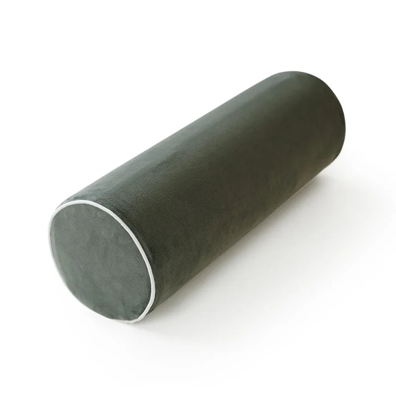 A dark olive green memory foam neck roll pillow lying horizontally.
