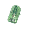 A clear green portable sewing kit containing thread and needles.