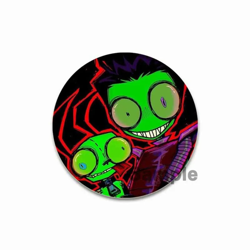 A black enamel pin featuring a stylized green alien character with purple eyes and jagged black lines.