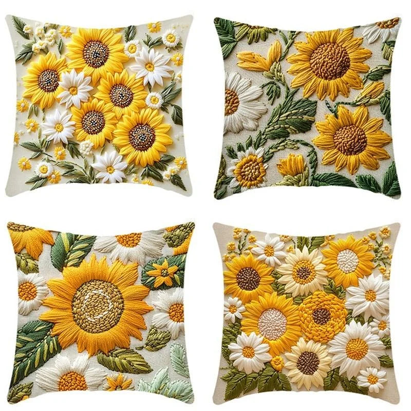 A set of floral cushion pillow covers featuring detailed yellow and white sunflower patterns.