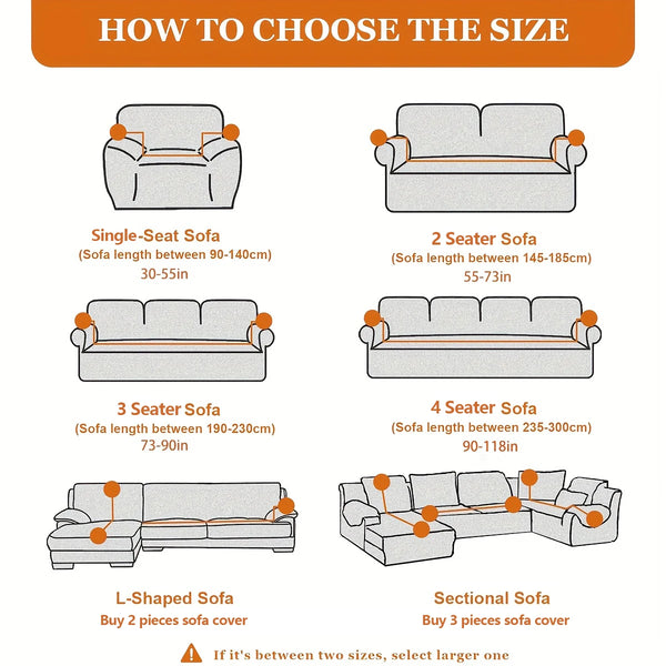 Diagram showing how to choose the correct size for a sofa cover, illustrating single-seat to sectional options.