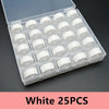A clear plastic box containing 25 white sewing thread bobbins arranged in a grid.