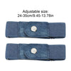 A dark blue stretchable elastic belt with a silver buckle shown flat.