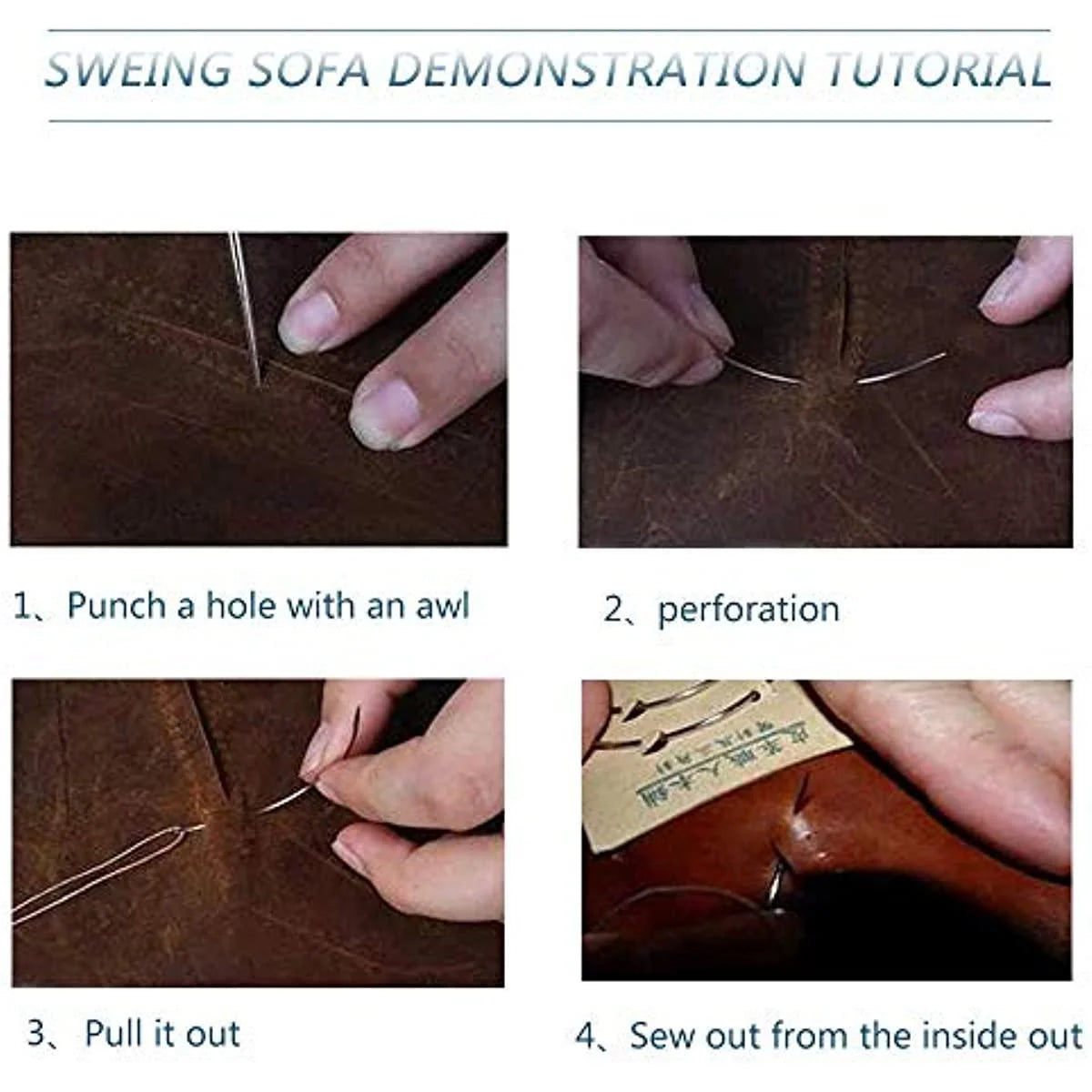 A four-step tutorial demonstrating how to punch, perforate, pull out, and sew a hole in brown leather upholstery.