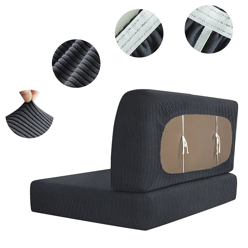 Black stretchable RV dinette cushion covers with anti-slip fabric and light brown accents