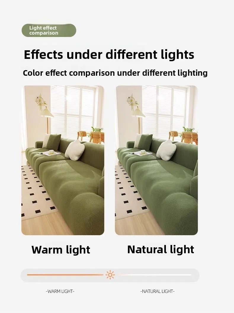 Comparison of a green sofa slipcover under warm light and natural light.