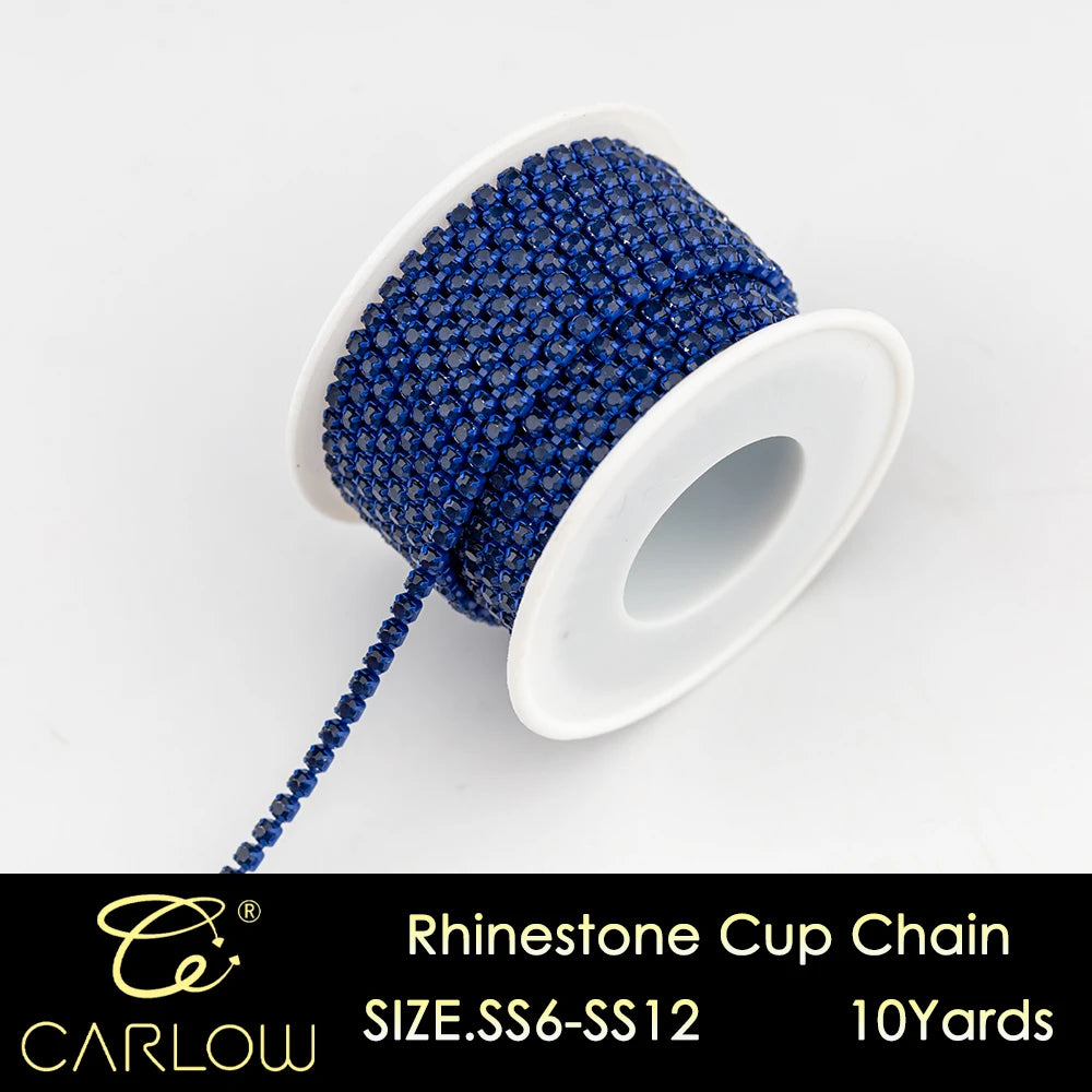 A spool of blue rhinestone cup chain with a trailing cord, labeled as SIZE.SS6-SS12 and 10 yards.