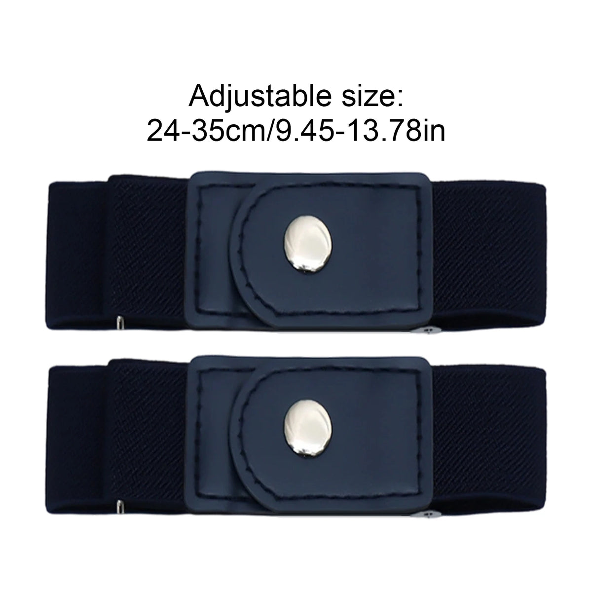 Navy blue adjustable elastic belt with silver buckle shown from the side.