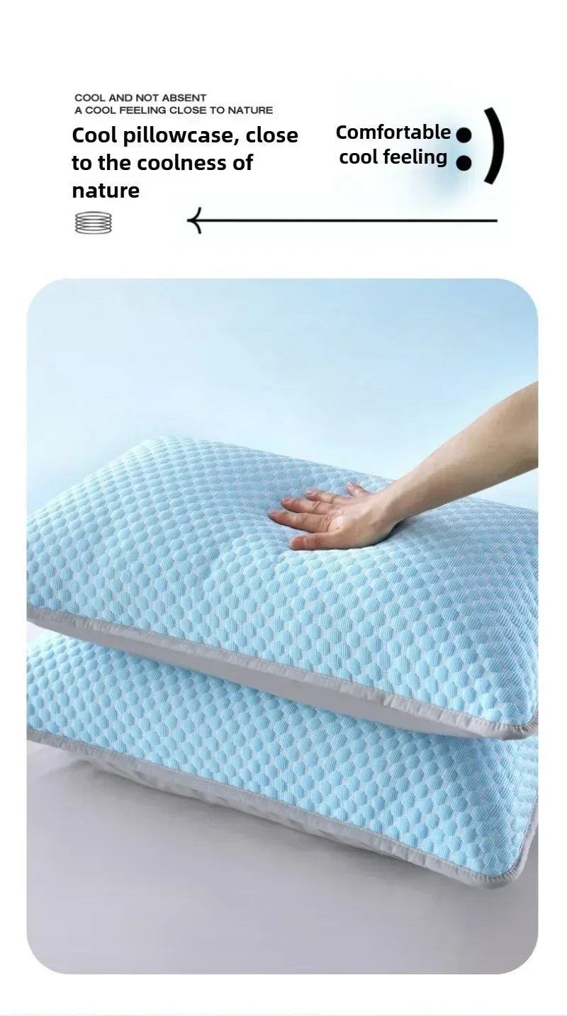 A light blue ice silk cooling pillowcase is shown being touched by a hand.