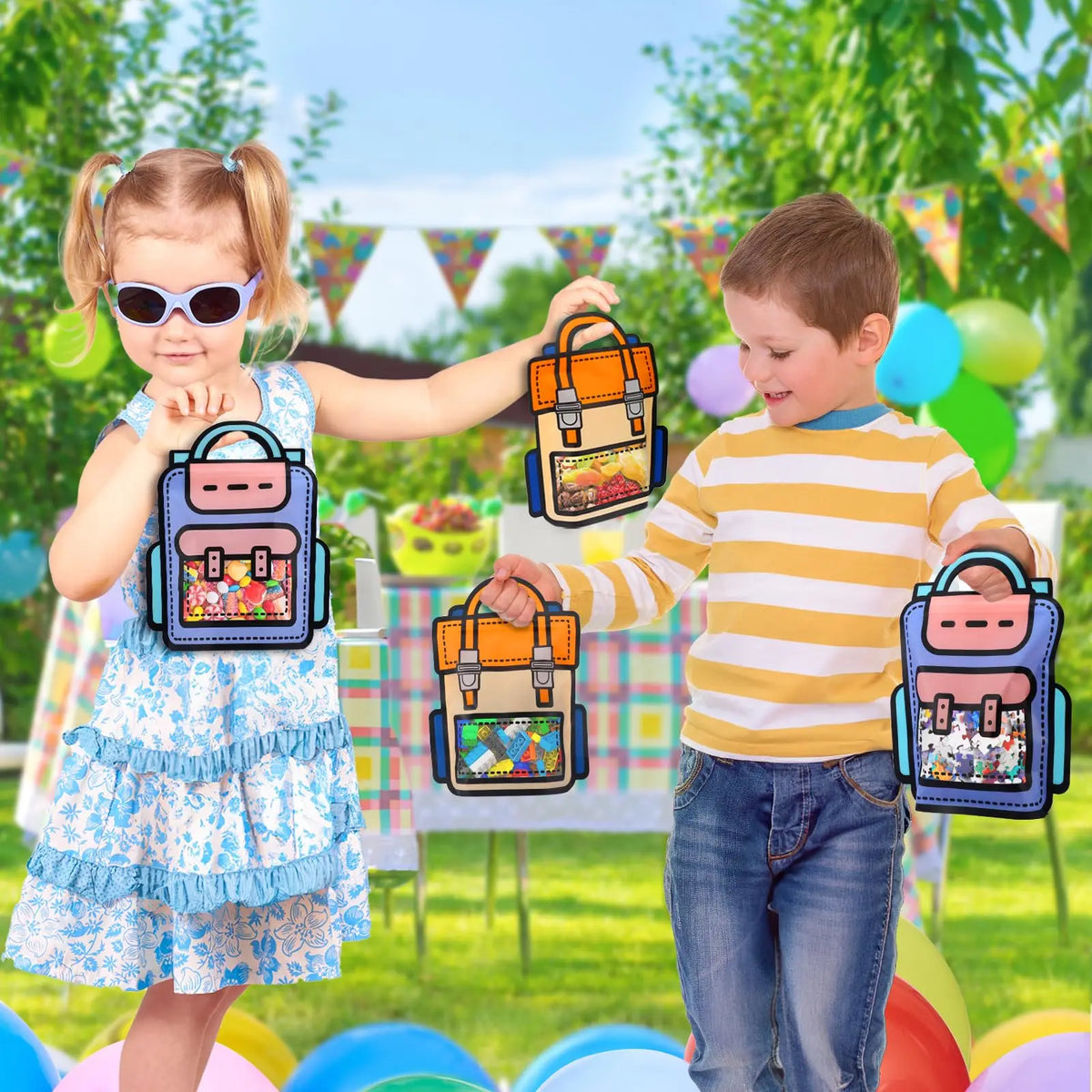 A young girl and boy are holding orange and purple cartoon birthday party goodie bags outdoors.