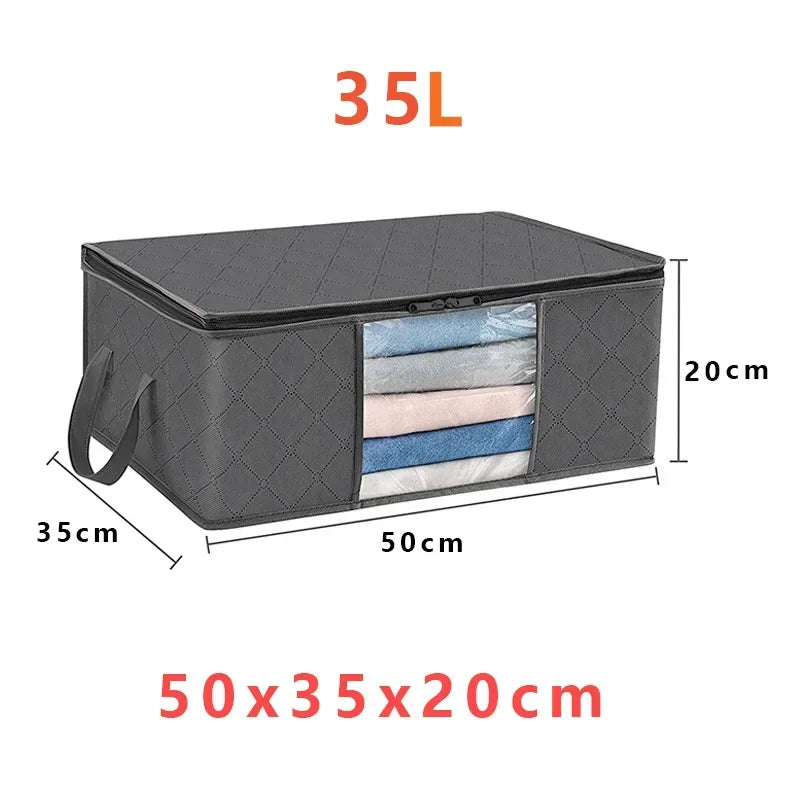 A black foldable storage box with a clear window showing several stacked fabric bags.