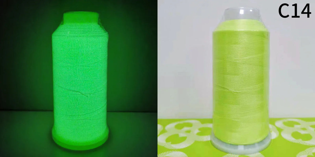 A roll of glow in the dark embroidery thread labeled C14, showing a bright lime green color.