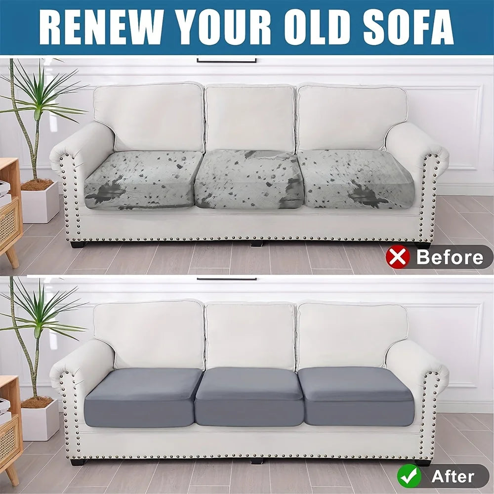 Before and after comparison of a solid color elastic sofa slipcover changing the upholstery.