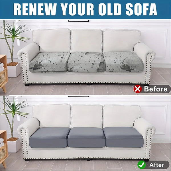 Before and after comparison of a solid color elastic sofa slipcover changing the upholstery.