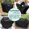 Black heavy duty grill cover protecting a BBQ grill outdoors in various settings.