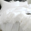 White luxury ruffle duvet cover displayed on a bed with white pillows and bedding.