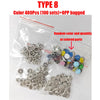 A clear plastic bag contains a set of Type 8 metal prong snap button fasteners in various colors and quantities.