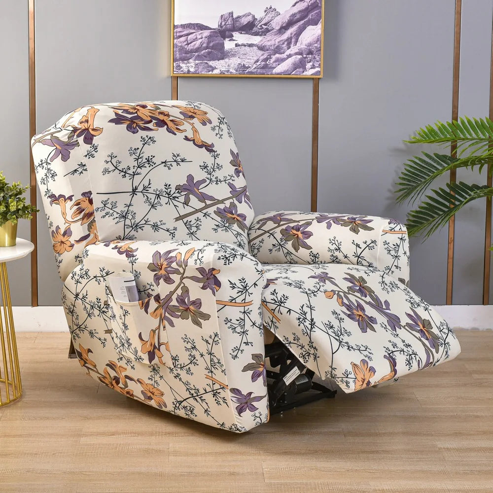 Floral print recliner and sofa slipcover set displayed on a light wood floor.