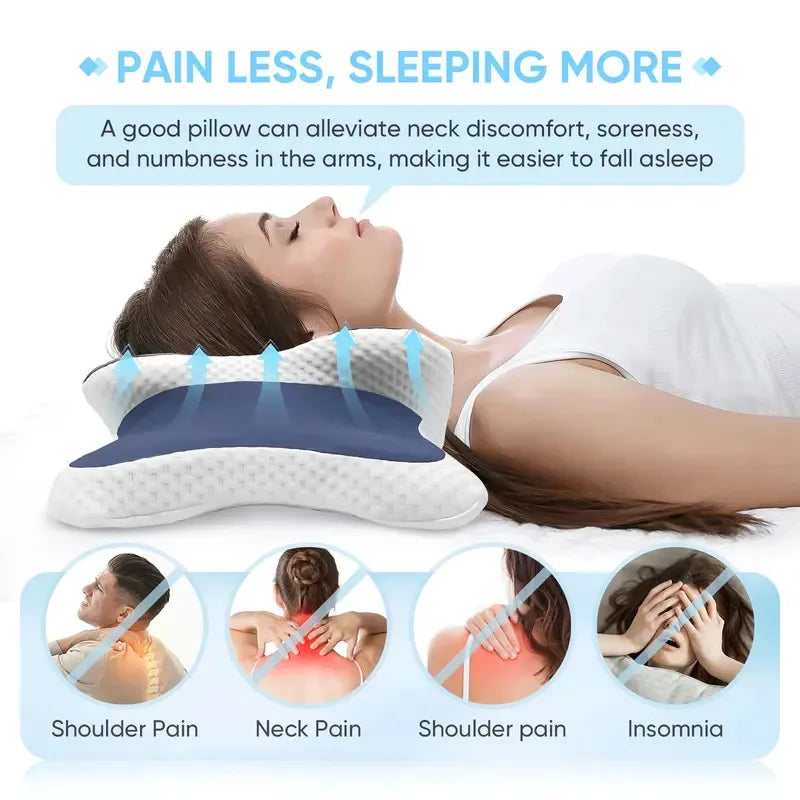 A white memory foam cervical pillow is shown next to a woman sleeping, illustrating pain relief for neck and shoulder issues.