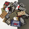 A collection of embroidered patches featuring Christian faith symbols like crosses and flag designs on various fabric colors.