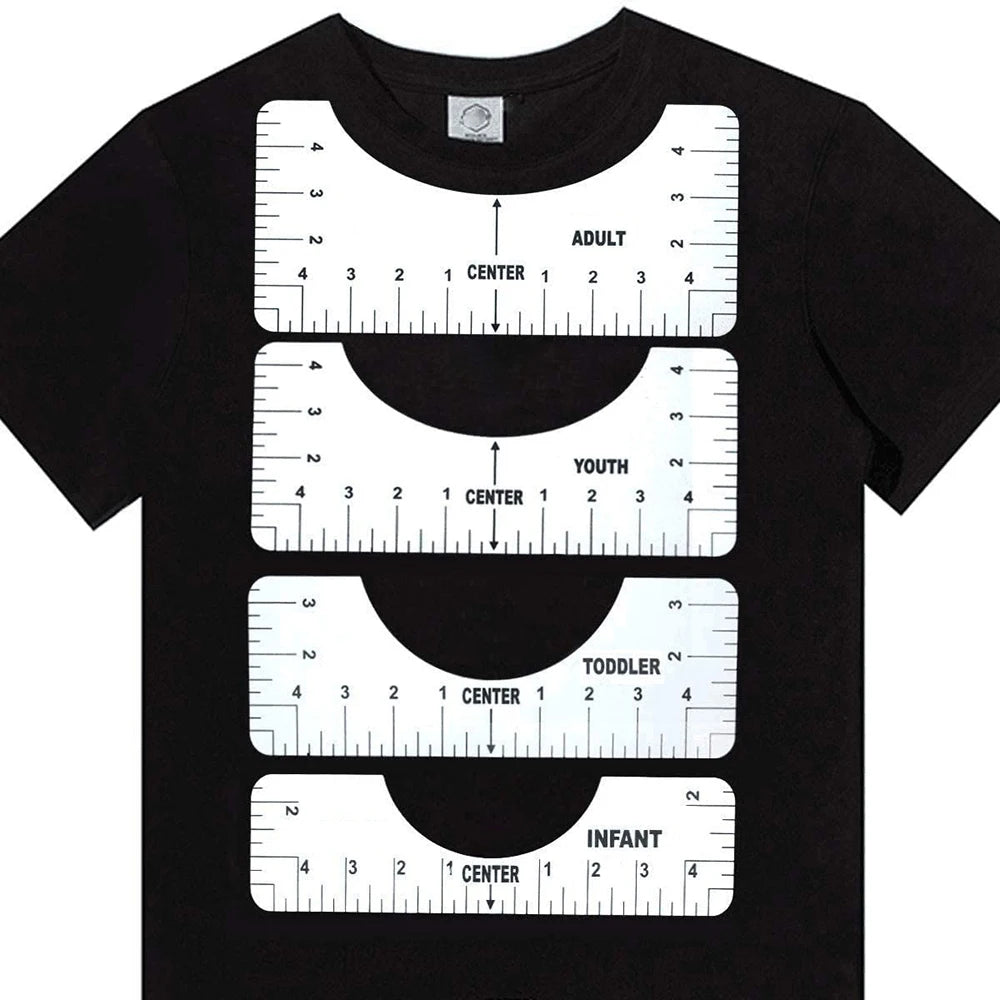 Black t-shirt displaying a set of alignment rulers for adult, youth, toddler, and infant sizes.