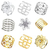 A collection of elegant metal napkin rings and decorative rings in silver and gold finishes.