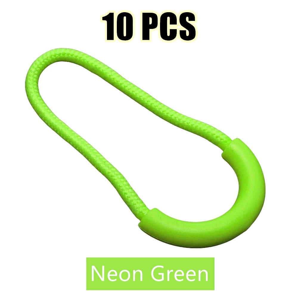 Ten neon green U-shape zipper pull straps
