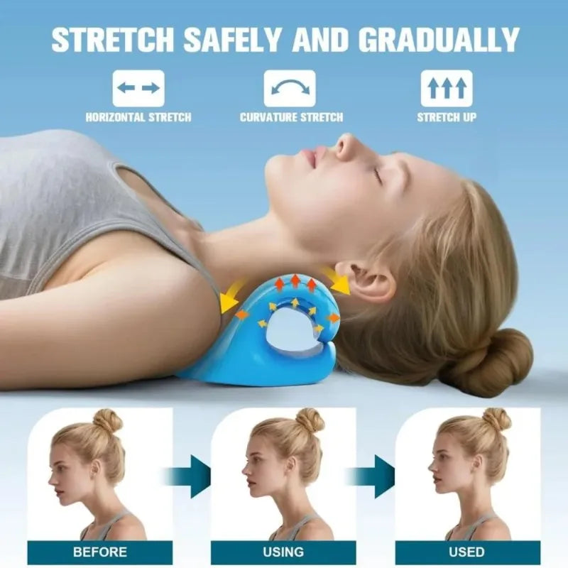 A woman is using a blue natural bamboo neck stretcher for stretching exercises.