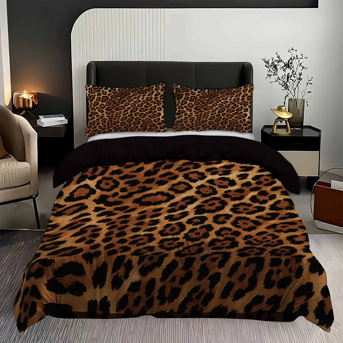 A leopard print duvet cover set featuring a brown and black animal print on a bed.