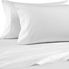 A white 4-piece microfiber flat fitted sheet set folded on a bed.