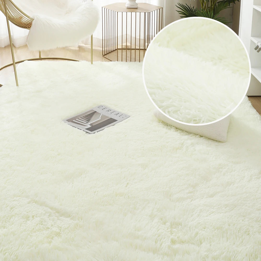 A fluffy white plush area rug with a large white bowl resting on it, set in a bright room.