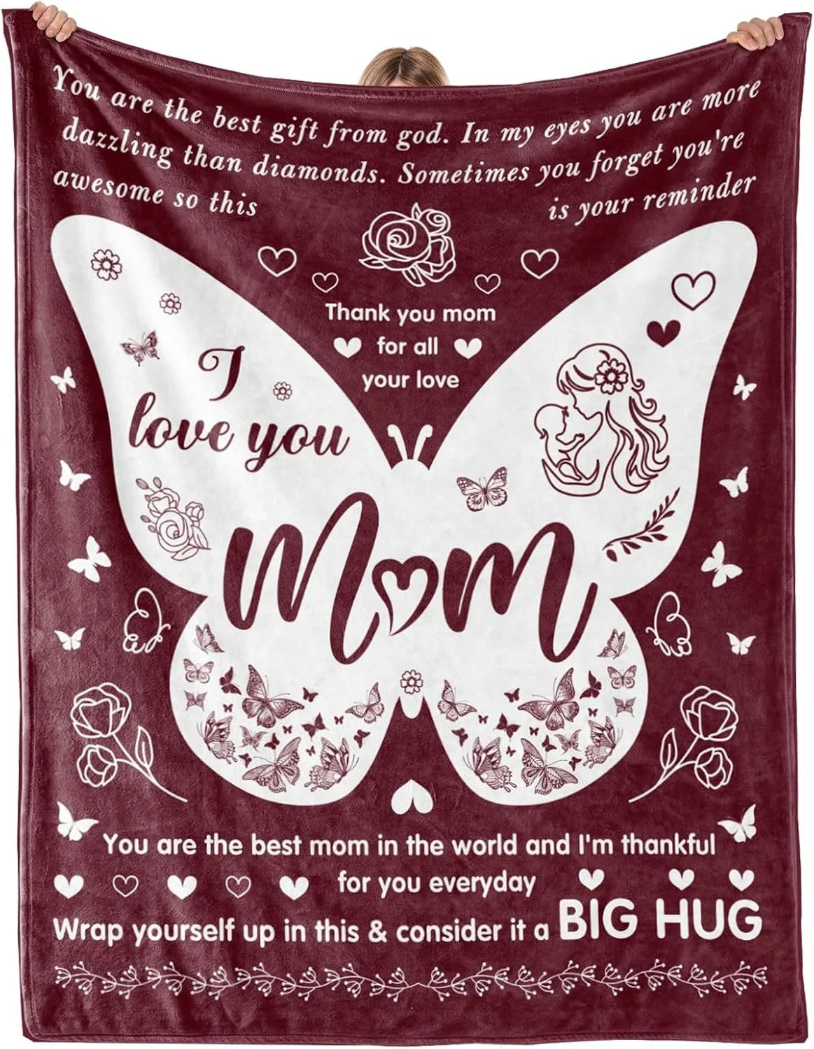 A dark red throw blanket featuring a white butterfly design with the text I love you Mom and You are the best mom in the worl