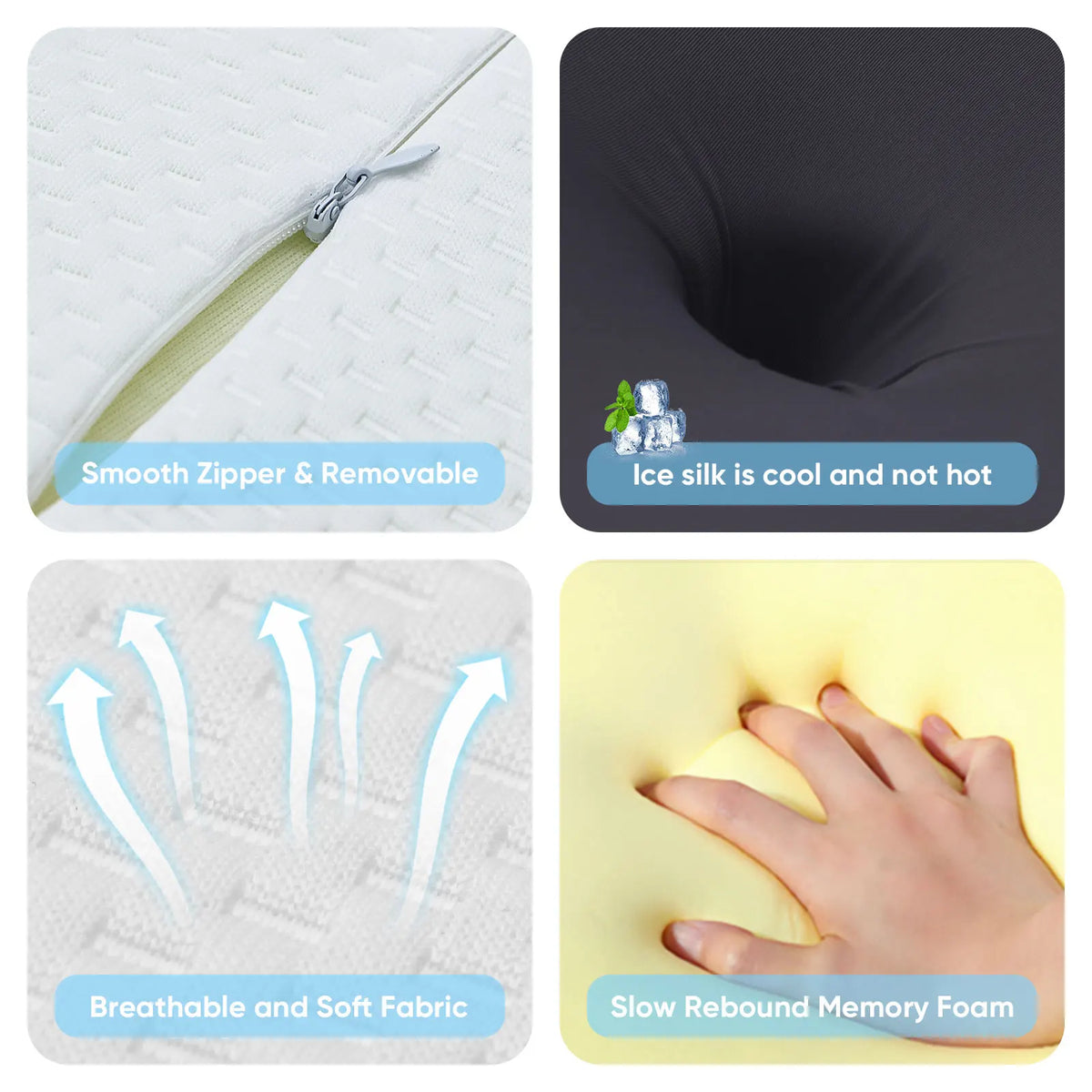 Ergonomic memory foam cervical pillow with a smooth zipper and breathable fabric